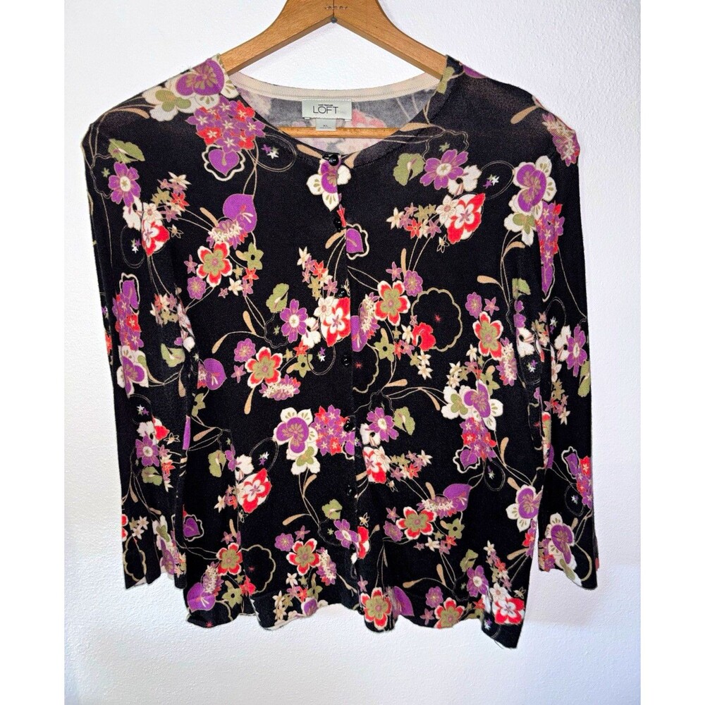 Ann Taylor LOFT women’s knit cardigan 100% Pima cotton black floral XL